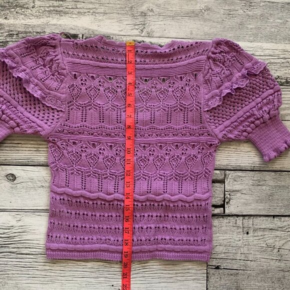 Zara Pointelle Knit Crochet Puff Sleeve Scoop Neck Lavender Cropped Sweater - Picture 13 of 13